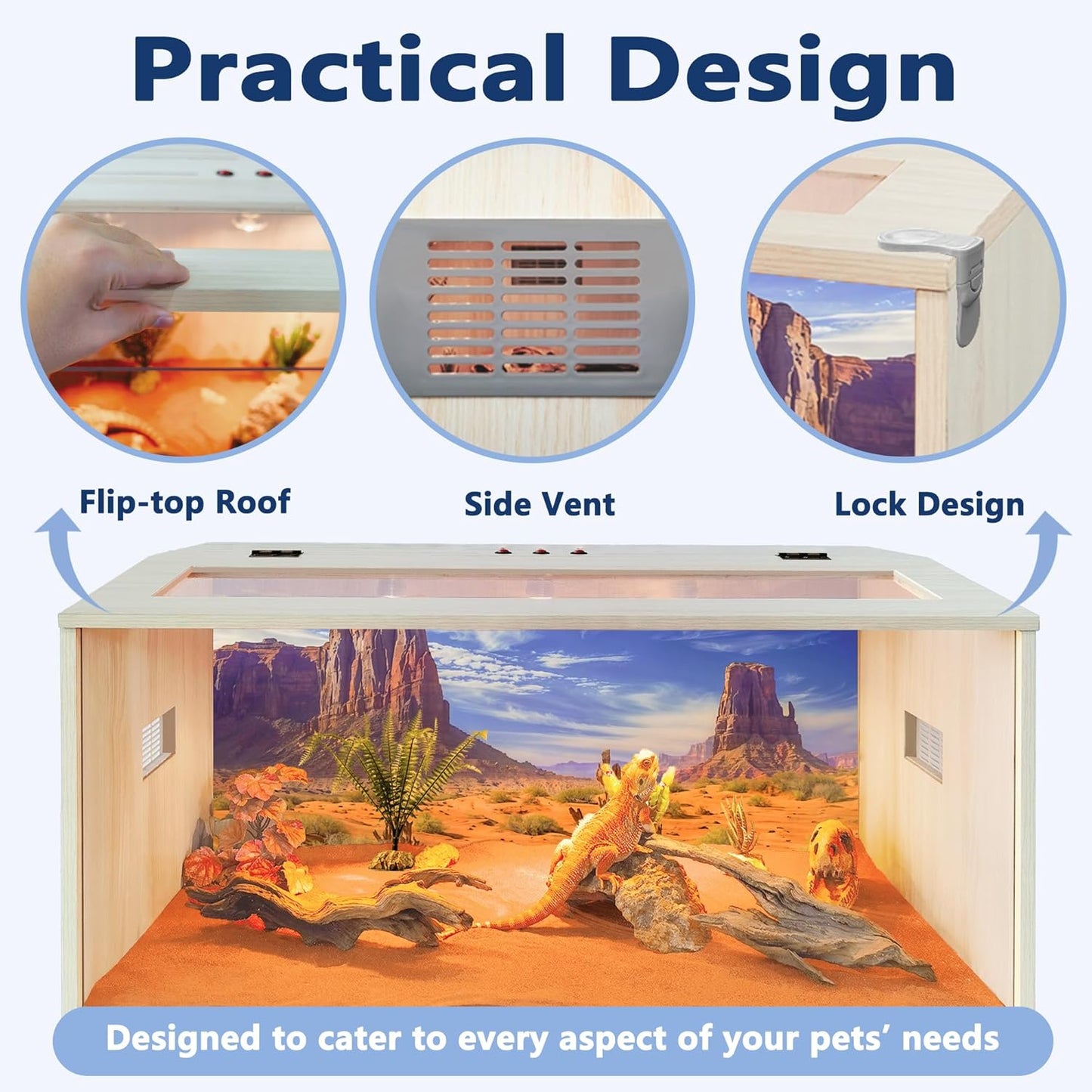 Prolee Reptile Terrarium, Lizard Tank Up to 68 Gallons, Bearded Dragon Tank with Roof Door, Snake Tank with Built-in Lamp Fixture and Switch (62 Gallon, 40" Long, Openable Wood Roof)