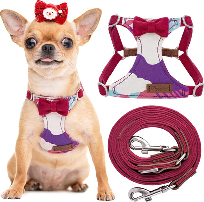 Puppytie No Pull xs Dog Harness with Multifunction Dog Leash,Soft Adjustable No Choke Escape Proof Pet Harness Vest,Suede Bow Wine red,XXS