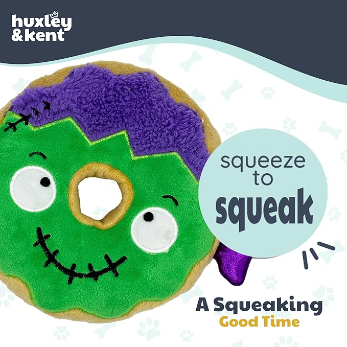Huxley & Kent Halloween Funny Dog Toy w/Squeaker – Power Plush Squeaky Dog Toys for Small, Medium & Large Dogs – Soft Stuffed Animal for Indoor Play & Fetch - Frankenstein Donut, One Size