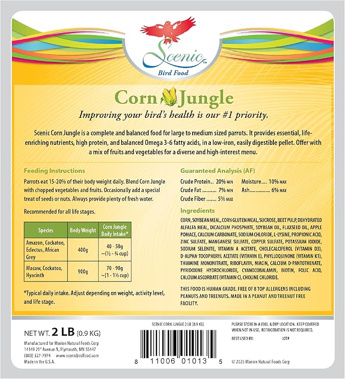 Scenic Corn Jungle Premium Parrot Food - Natural Flavors, High Protein, Low Iron Bird Pellets for Large Parrots, Macaw Food, Cockatoo, African Grey Parrots, Omega 3, Vitamins, Minerals, 2lb(Pack of 2)