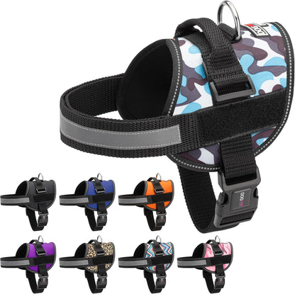 Dogline Dog Harness, Reflective No-Pull Adjustable Vest with Handle for Walking, Training, Breathable, No - Choke Harness for Small, Medium or Large Dogs Room for Patches Girth 33"-46" in Blue Camo
