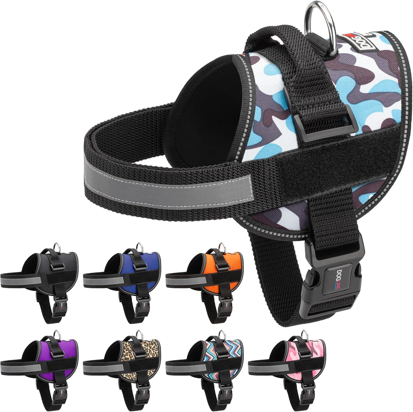 Dogline Dog Harness, Reflective No-Pull Adjustable Vest with Handle for Walking, Training, Breathable, No - Choke Harness for Small, Medium or Large Dogs Room for Patches Girth 18 to 24 in Blue Camo