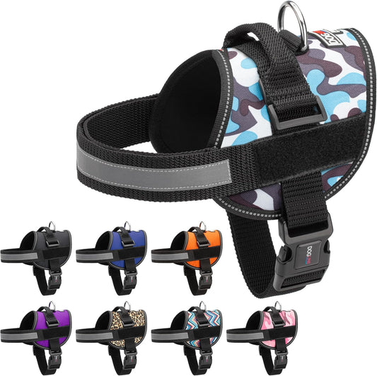 Dogline Dog Harness, Reflective No-Pull Adjustable Vest with Handle for Walking, Training, Breathable, No - Choke Harness for Small, Medium or Large Dogs Room for Patches Girth 18 to 24 in Blue Camo