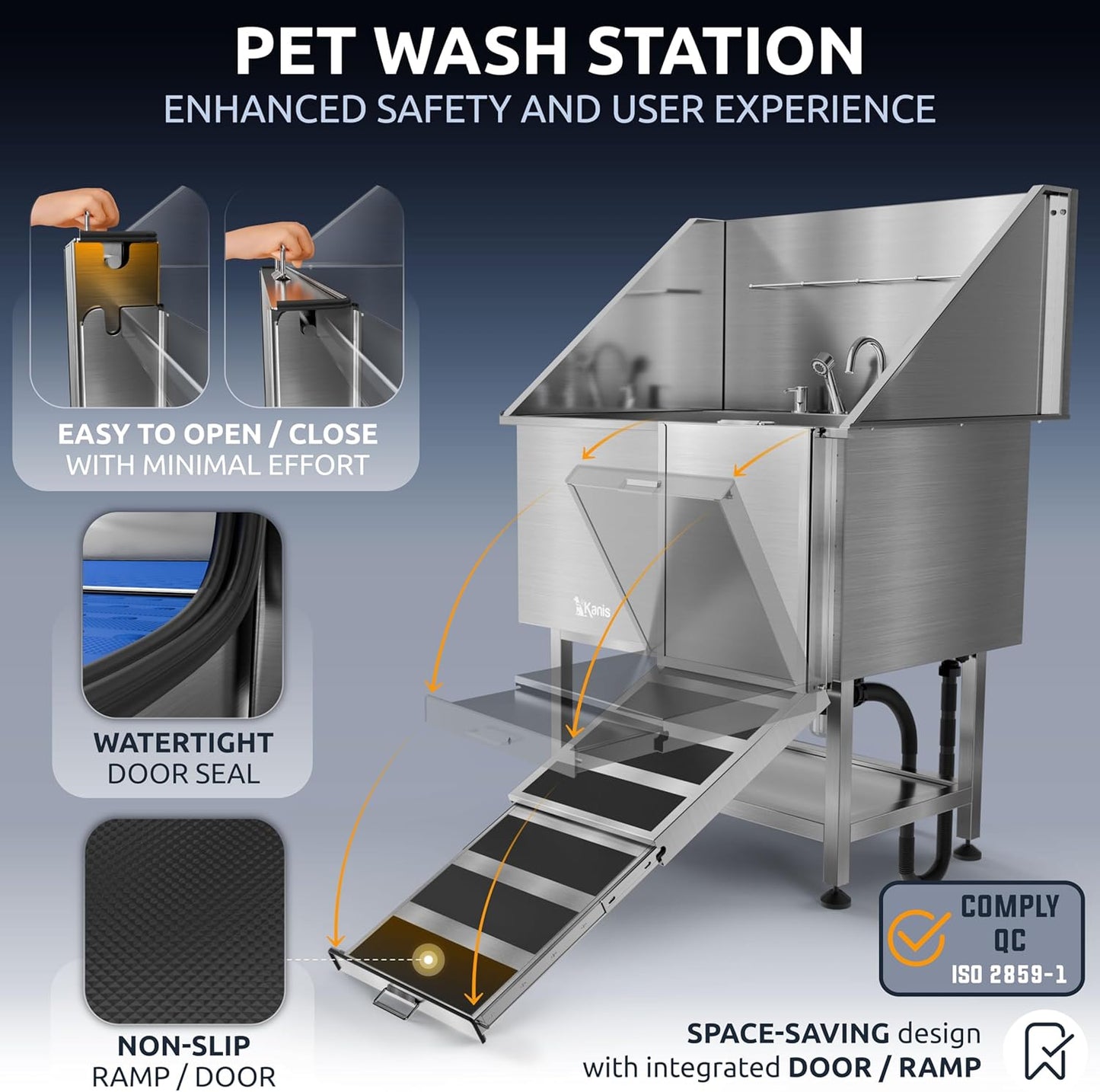 KANIS Professional Dog Washing Station - 304 Stainless Steel Pet Wash Sink & Grooming Bathtub w/Shower, Floor Grates and Storage for Large, Medium & Small Pets (40", Shelf - Right Ramp)