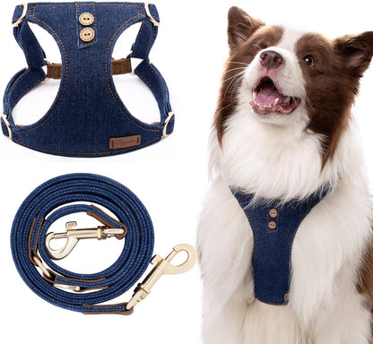 Dog Harness, No Pull Dogs Harness and Multi-Function Leash Set for Medium Dogs Easy Walk Everyday Adjustable Soft Dog Vest Harness Fashionable Dog Accessories Blue-Button-Slim Large