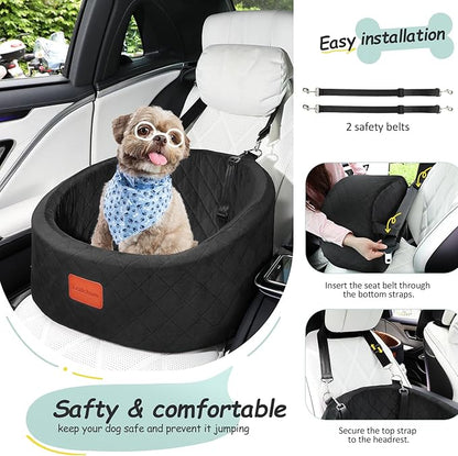 Dog Car Seat for Small Dogs Up to 30 Lbs,Ultra Soft Fabric Fill in Comfy Memory Foam,Happy Pet Ride,2 Safety Dog Leashes,Fully Detachable and Washable,Anti Slip Base(Black)