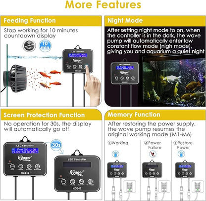 hygger 3400 GPH Aquarium Inverter Wavemaker Pump with LED Controller, DC 24V 18W Ultra-quiet Submersible Power Head with Magnetic Base, Circulation Pump for 75-200 Gal Freshwater Saltwater Tank