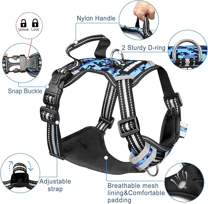 WINSEE Dog Harness No Pull, Pet Harnesses with Dog Collar, Adjustable Reflective Oxford Outdoor Vest, Front/Back Leash Clips for Small, Medium, Large, Extra Large Dogs, Easy Control Handle for Walking
