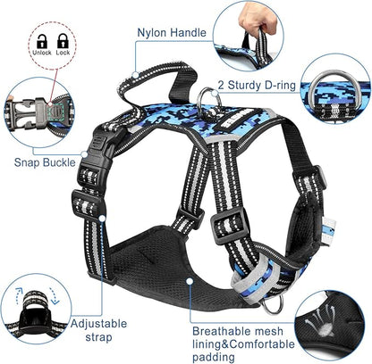 WINSEE Dog Harness No Pull, Pet Harnesses with Dog Collar, Adjustable Reflective Oxford Outdoor Vest, Front/Back Leash Clips for Small, Medium, Large, Extra Large Dogs, Easy Control Handle for Walking