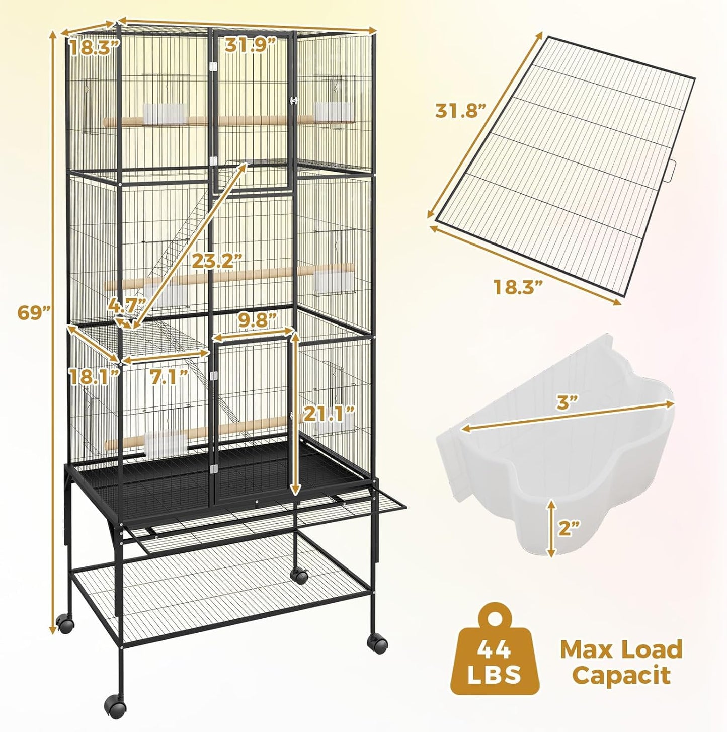 69inch Large Bird Cage Parrot Cage Metal Parrot Flight Cage for Budgie Parakeet Conure, Feeders, Ladders, Perches, Slide-Out Tray Rolling Cockatiel Cage for Mid-Sized Parrots Detachable Storage Stand