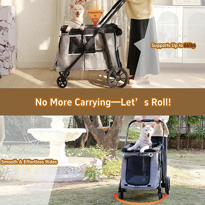 Medium Dog Stroller for Small to Large Dogs 4 Wheels Multi Pet Stroller for 4 Dogs Holds Up to 40lbs, One-Click Folding&Smooth Tires&Sunshade & Storage Basket (Gray, Medium)
