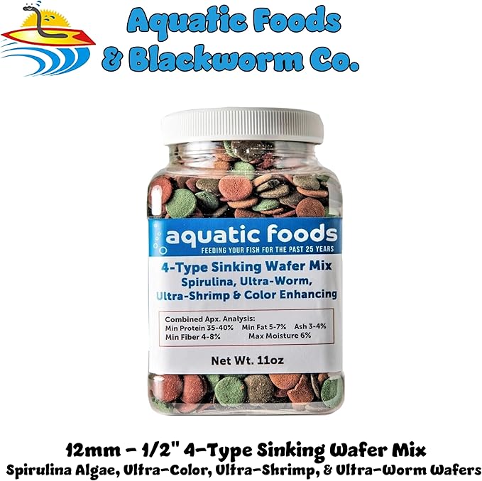 Aquatic Foods Inc. 4-Type 12mm - 1/2" Sinking Wafer Mix of Spirulina-Algae, Ultra-Worm, Ultra-Shrimp, Color Enhancing Wafers for Shrimp, Snails, Crabs, Crayfish, All Tropical Fish..11oz Small Jar