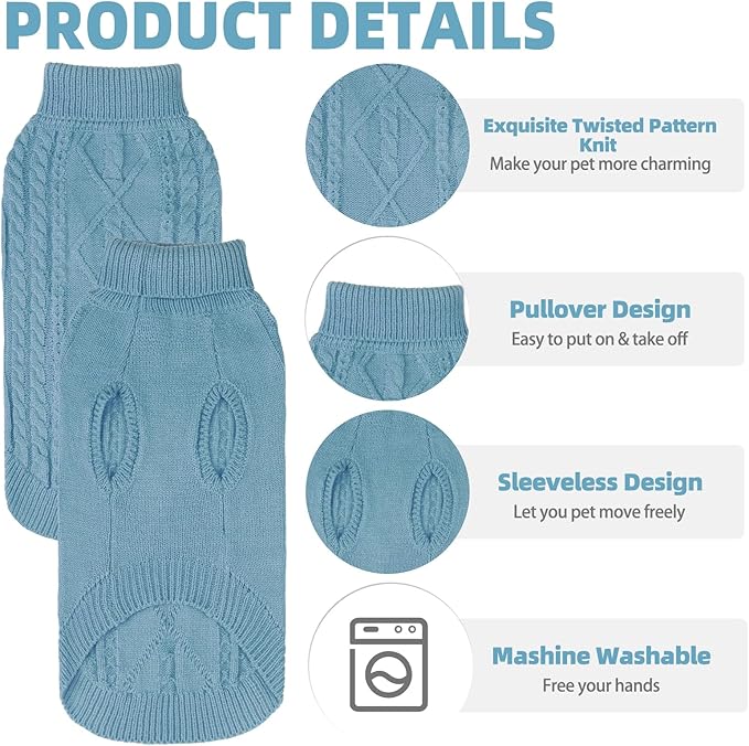 PUPTECK Winter Cat Sweater Coat - Soft Warm Cold Weather Clothes Knitwear for Kittens & Small Dogs Indoor Outdoor Wearing, Knitted Classic for Doggies Kitties Girls Boys, Sky Blue, M