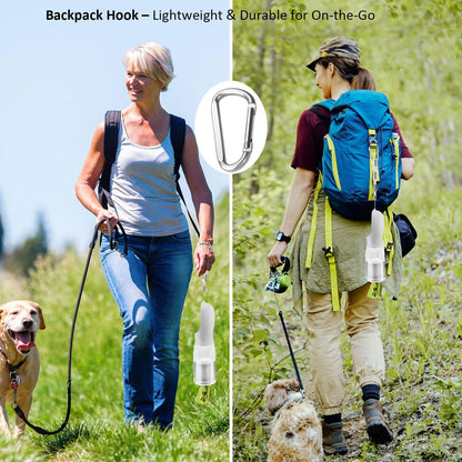 20oz Dog Water Bottle with Food Container & Poop Bag Dispenser | Leak-Proof Portable Pet Water Dispenser with Carabiner Clip | for Walking, Hiking, Travel (White, 20oz)