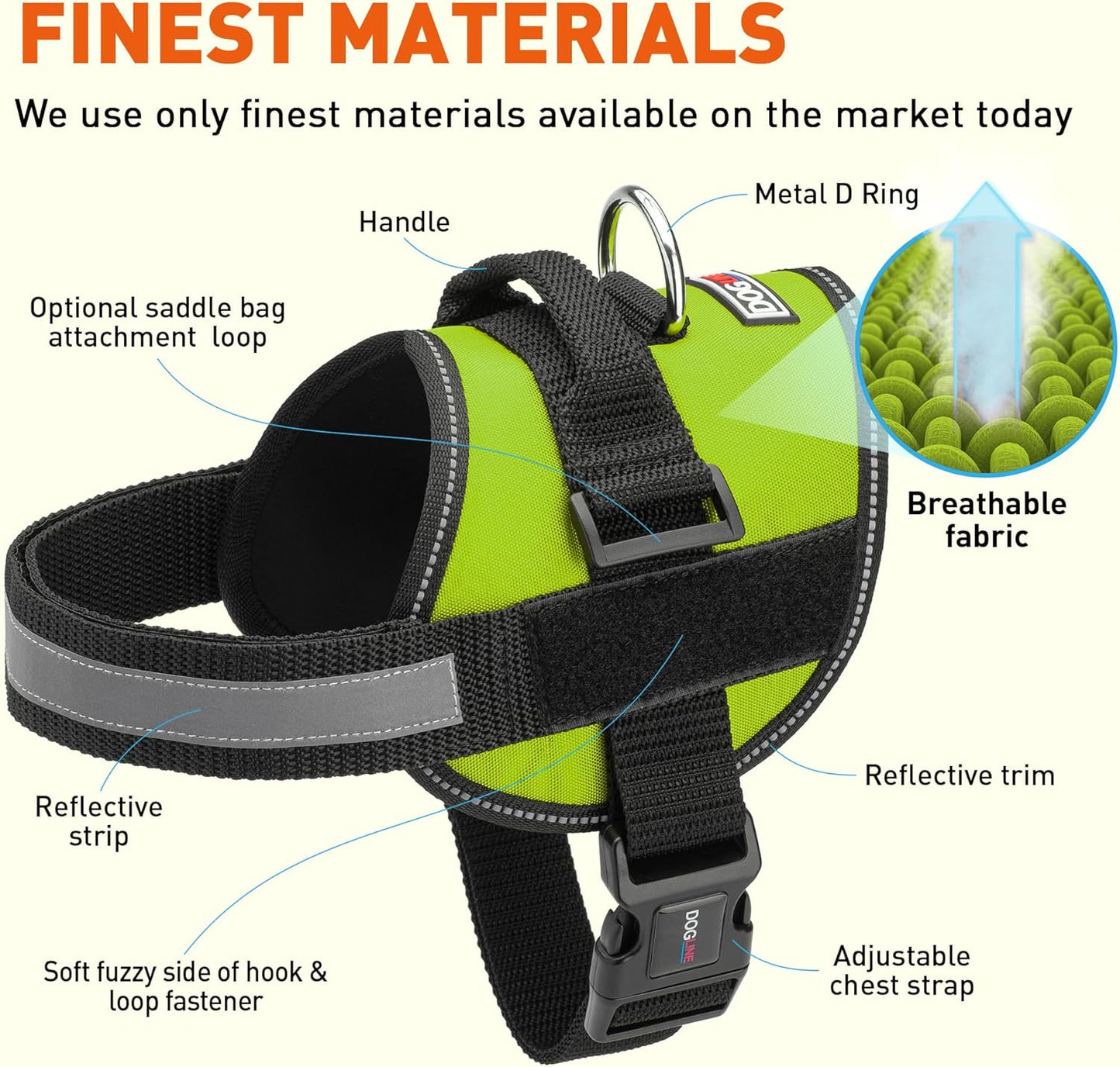 Dogline Dog Harness, Reflective No-Pull Adjustable Vest with Handle for Walking, Training, Breathable, No - Choke Harness for Small, Medium or Large Dogs Room for Patches Girth 27 to 34 in Lime Green