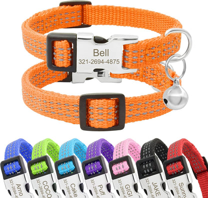 Personalized Reflective Nylon Cat Collar with Name Phone,Custom Engraved Buckle Cat Collar with Bell,Adjustable for Small Dogs Puppy Kitten (Orange,fit 7.5''-12.0'')