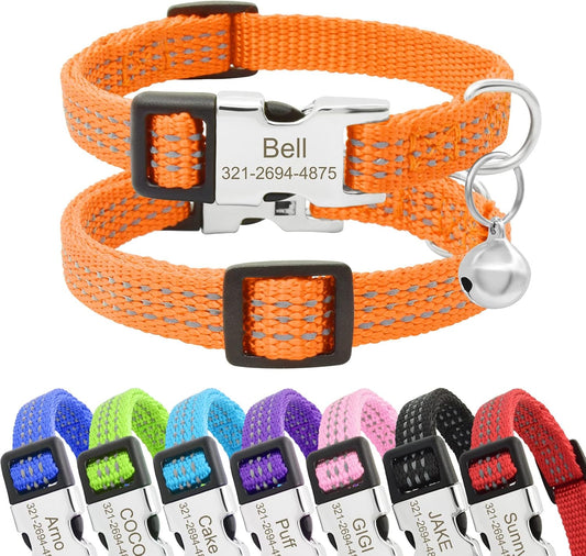 Personalized Reflective Nylon Cat Collar with Name Phone,Custom Engraved Buckle Cat Collar with Bell,Adjustable for Small Dogs Puppy Kitten (Orange,fit 7.5''-12.0'')