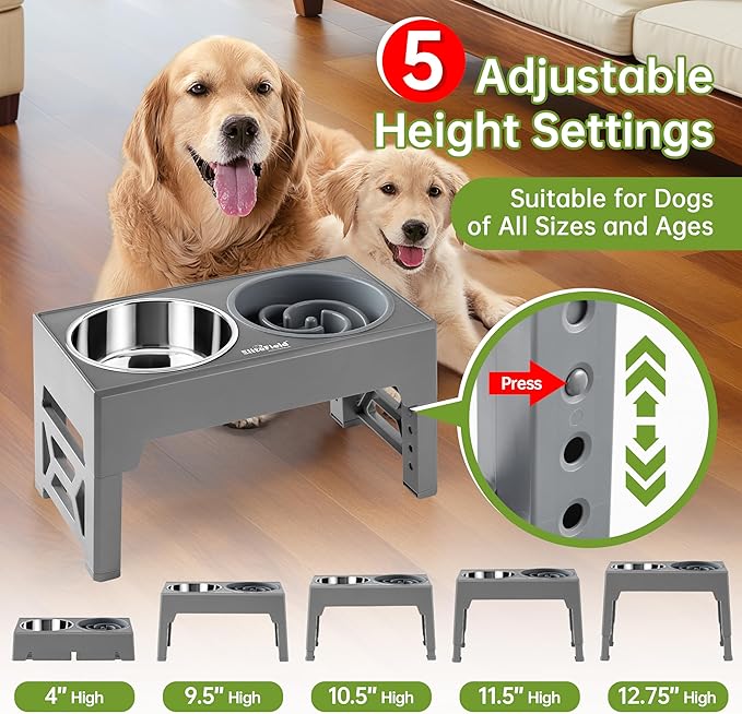 EliteField Elevated Dog Bowls (2-Year Warranty), Two 58 oz Stainless Steel Food Bowls, 5 Adjustable Raised Heights (4", 9.5", 10.5", 11.5", 12.75") Suitable for Dogs of All Ages, Small to Large Sizes