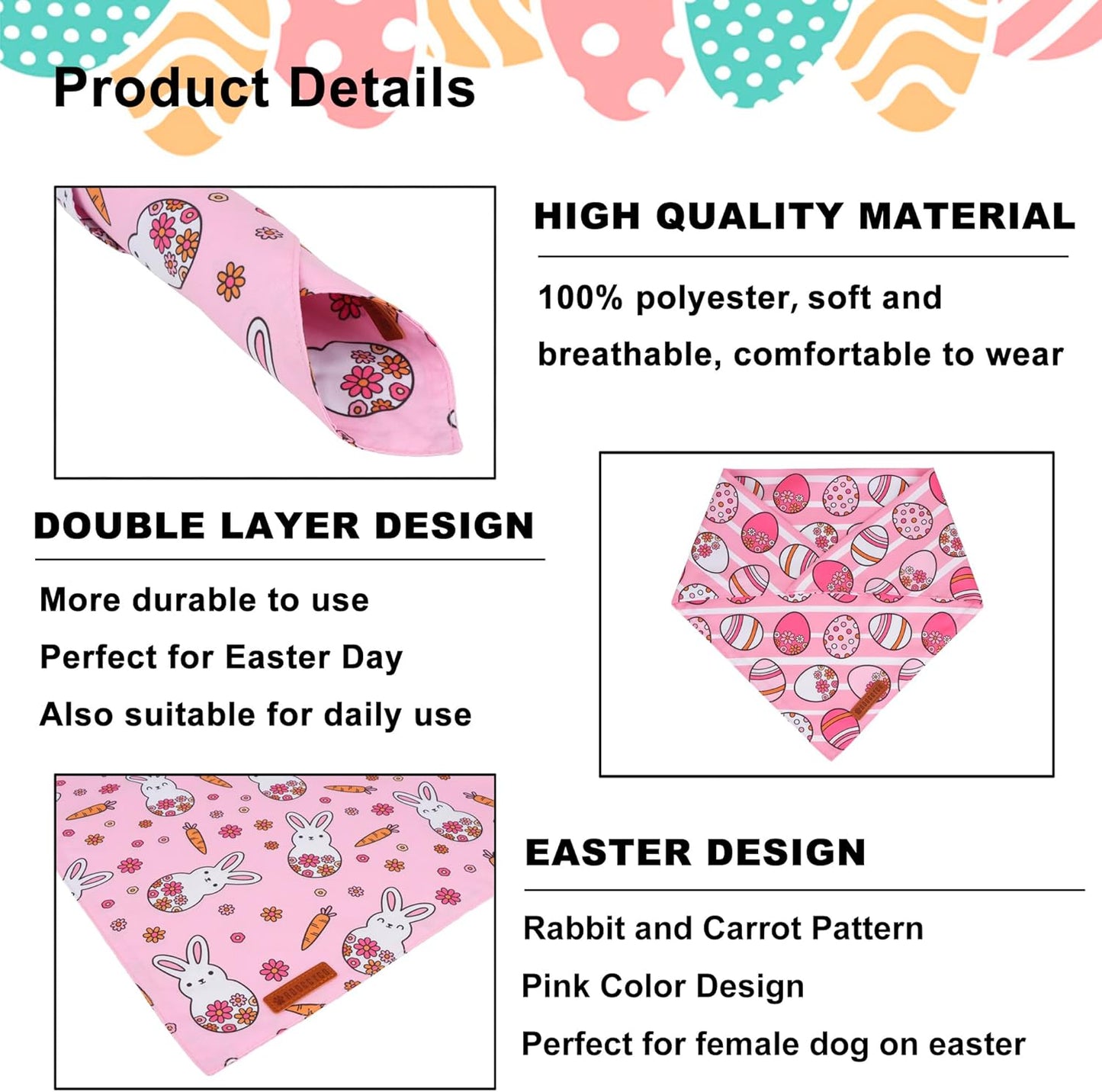 ADOGGYGO Easter Dog Bandana, Pink Bunny Scarf, Premium Durable Fabric, Adjustable Fit Female Pet Easter Bandanas for Medium Large Dogs (Large)