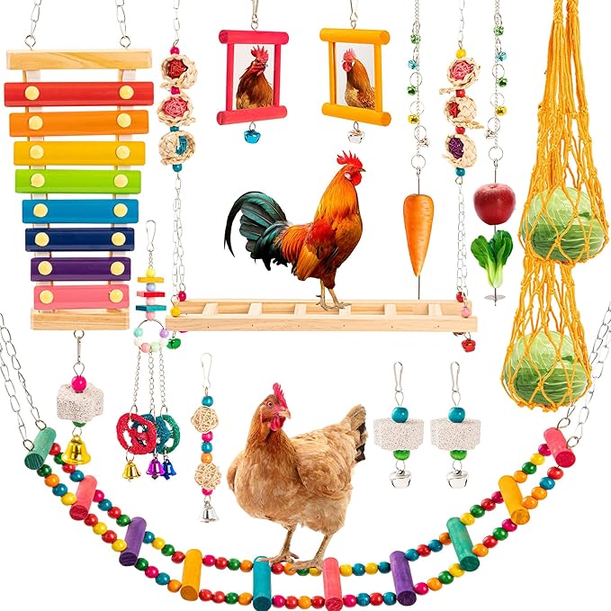14PCS Chicken Toys for Coop Accessories, Swing Bridge Ladder Mirror Xylophone Toys with Bells Hanging String Vegetable Fruits Skewer Hanging Feeder Chicken Chewing Toy for Hens Chick Bird Parrot