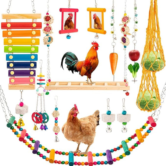14PCS Chicken Toys for Coop Accessories, Swing Bridge Ladder Mirror Xylophone Toys with Bells Hanging String Vegetable Fruits Skewer Hanging Feeder Chicken Chewing Toy for Hens Chick Bird Parrot
