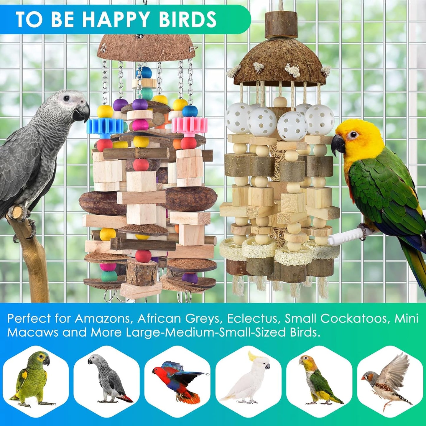 KATUMO Bird Toys, 2PCS Large Wooden Blocks & Coconut Shell Chew Toys for African Grey Cockatoo Amazon Parrots and Medium to Large Birds