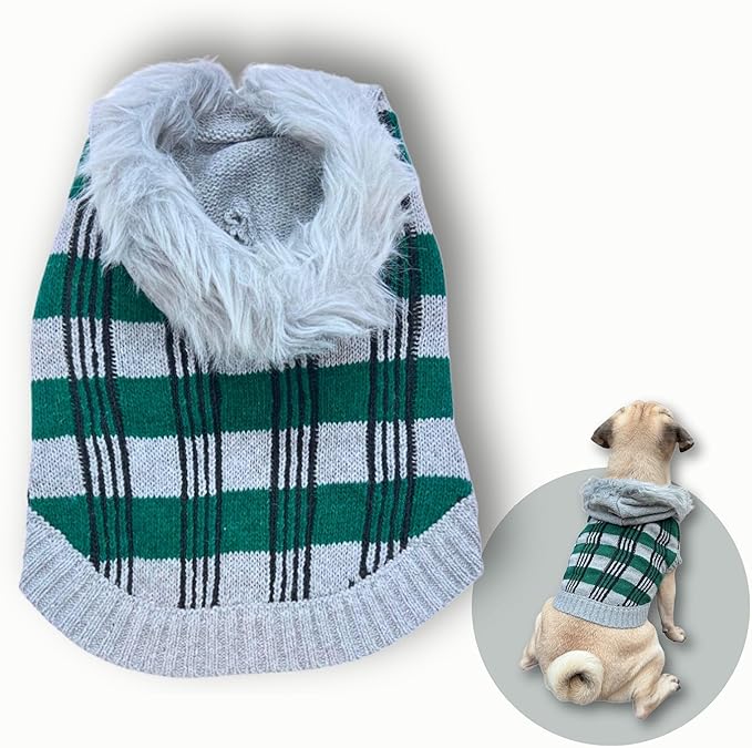 Cute Sweater for Dogs and Cats Soft Flannel Pet Outfit Warm and Cozy Animal Hoodie Small to Large Pet Clothes for Halloween Parties and Everyday Wear (Small, Green Checkered with Hat)