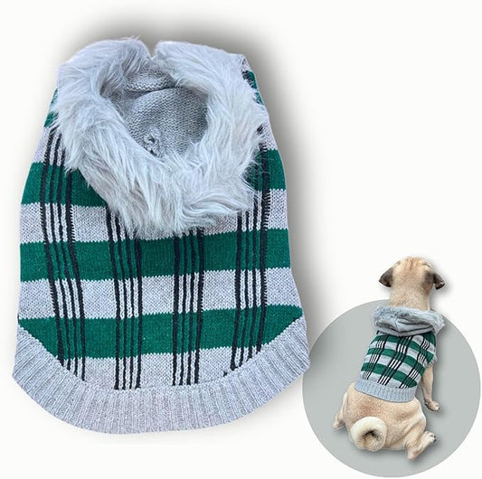 Cute Sweater for Dogs and Cats Soft Flannel Pet Outfit Warm and Cozy Animal Hoodie Small to Large Pet Clothes for Halloween Parties and Everyday Wear (Medium, Green Checkered with Hat)