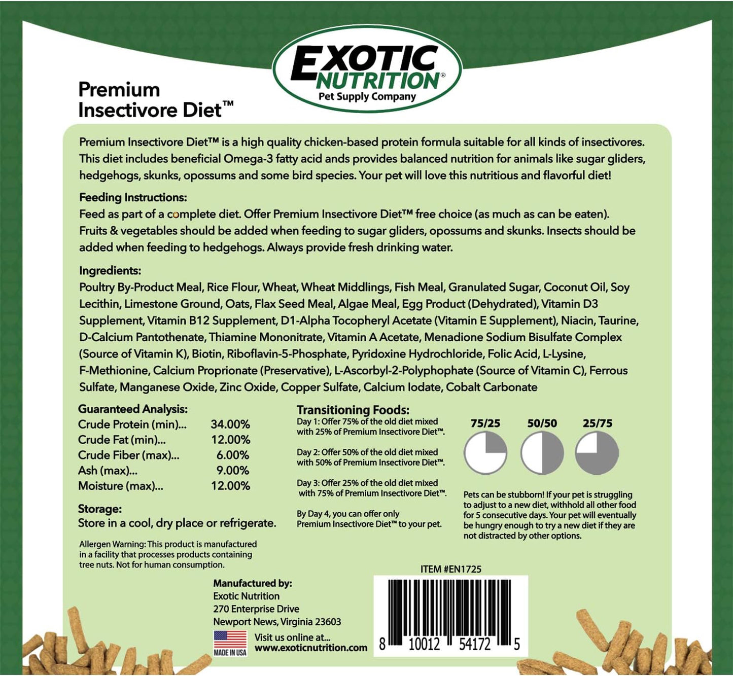 Premium Insectivore Diet (8 lb.) - Healthy Nutritious Chicken Based High Protein Pellet Diet - for Sugar Gliders, Hedgehogs, Opossums, Skunks & Other Insectivores