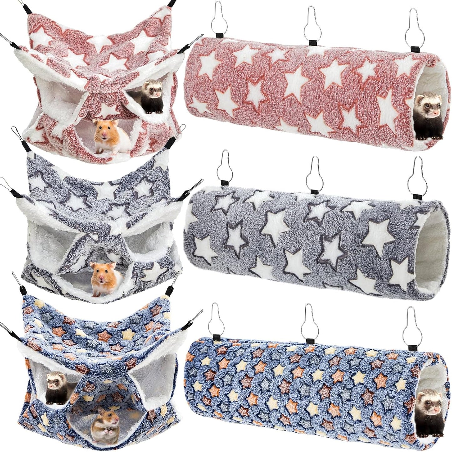 Sweetude 6 Pcs Rat Hammock Set Ferret Hanging Tunnel 3 Tier Guinea Pig Hammocks Hideout Soft Chinchilla Bed for Cage Accessories Hide,Play and Sleep (Dark Color Scheme,Star)