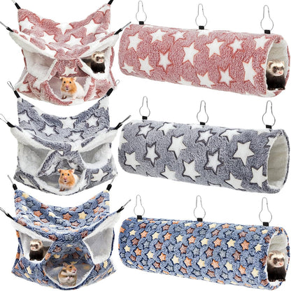 Sweetude 6 Pcs Rat Hammock Set Ferret Hanging Tunnel 3 Tier Guinea Pig Hammocks Hideout Soft Chinchilla Bed for Cage Accessories Hide,Play and Sleep (Dark Color Scheme,Star)
