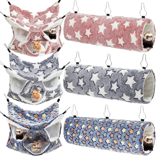 Sweetude 6 Pcs Rat Hammock Set Ferret Hanging Tunnel 3 Tier Guinea Pig Hammocks Hideout Soft Chinchilla Bed for Cage Accessories Hide,Play and Sleep (Dark Color Scheme,Star)