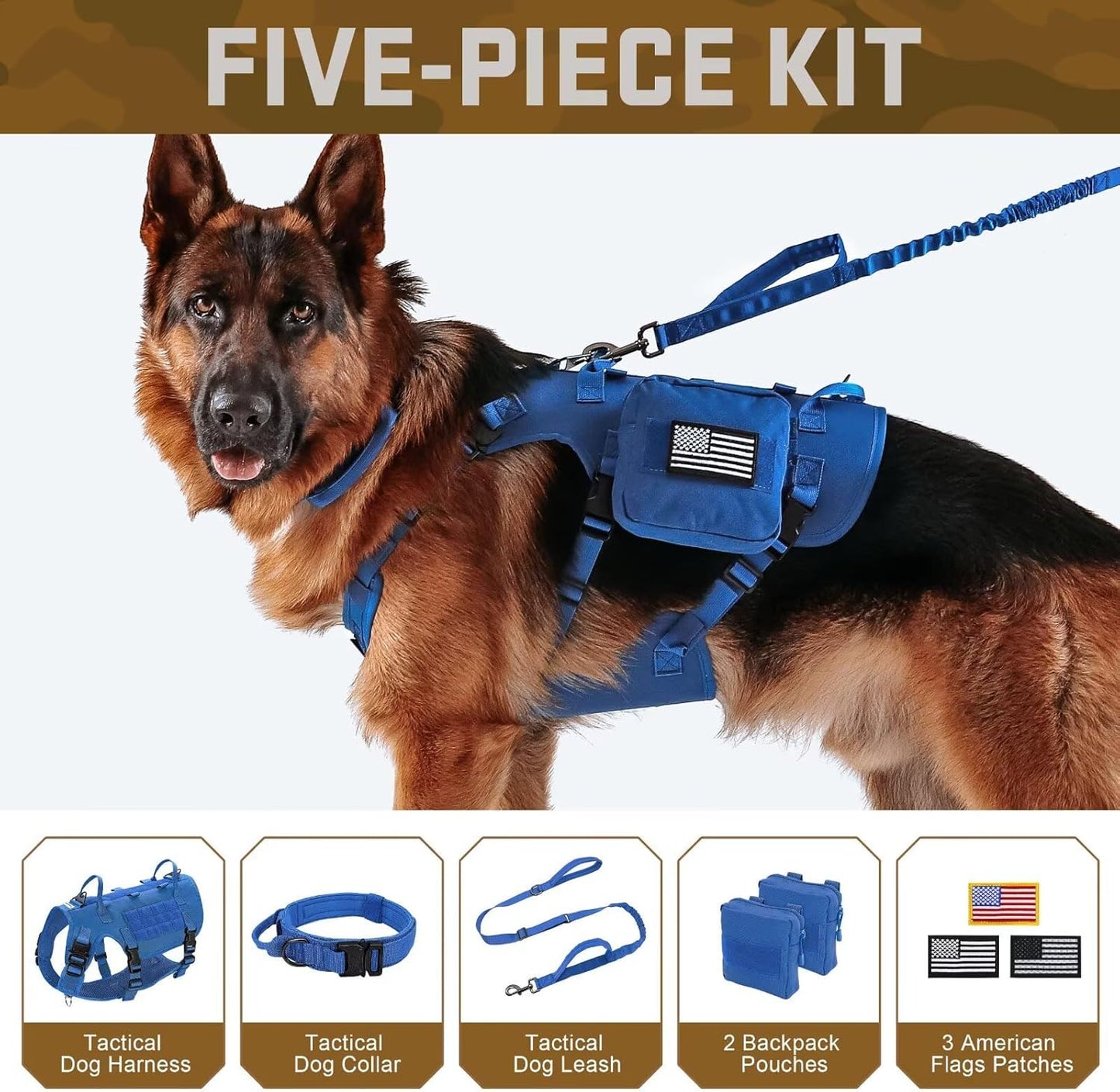 Forestpaw Tactical Dog Harness for Large Dogs,Tactical Dog Collar with Bungee Leash Set,No Pull Military Dog Harness for Walking Training,Adjustable for Medium Large Dogs,Blue,Chest 21.5-45"
