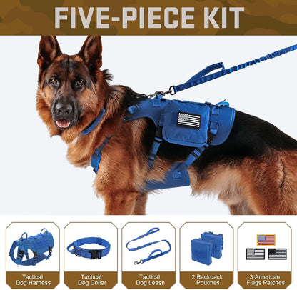 Forestpaw Tactical Dog Harness for Large Dogs,Tactical Dog Collar with Bungee Leash Set,No Pull Military Dog Harness for Walking Training,Adjustable for Medium Large Dogs,Blue,Chest 19.5-41.5"