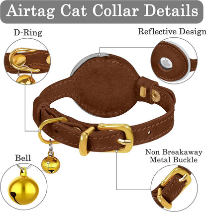 OOPSDOGGY Reflective Leather AirTag Cat Collar with Bell - Non Breakaway Adjustable Pet Collar with Apple Air Tag Holder - Lightweight GPS Kitten Collars for Small Dogs Puppy (Brown)