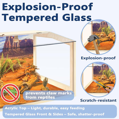 PROLEE Bearded Dragon Tank,Lizard Tank with Clear Tempered Glass Roof,Anti-Scratch Reptile Enclosure, Snake Tank and Reptile Tank,Built-in Light Fixtures with Switch (34 Gallon)