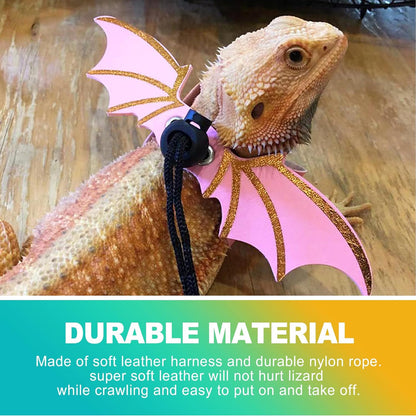 3 Sizes S/M/L Adjustable Soft Leather Bearded Dragon Leash and Harness Set with Cool Wings, Reptile Lizard Costume Accessories for Geckos, Iguanas, Small Pets, Outdoor Walking