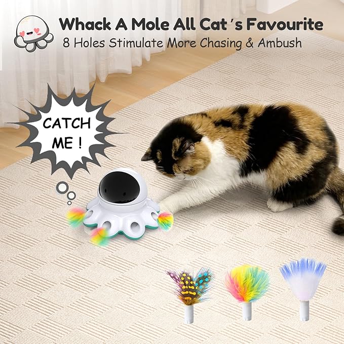 ORSDA Cat Laser Toy, 2-in-1 Interactive Automatic Motion Activated Moving 8 Holes Whack A Mole Feather, USB Rechargeable Electronic Smart Sensor Kitten Toys for Indoor Exercise