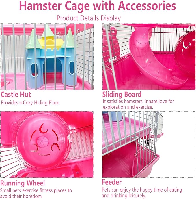 Tfwadmx Hamster Carrier, Dwarf Hamster Travel Cage, Portable Cages with Water Bottle, Gerbil Travel Carry Case Outdoor Vacation House for Small Mice(Pink,10.6”x8”x11.4”)