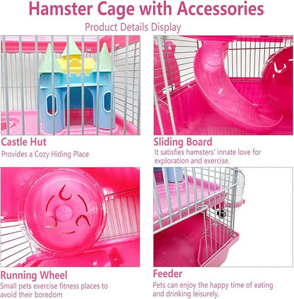 Tfwadmx Hamster Carrier, Dwarf Hamster Travel Cage, Portable Cages with Water Bottle, Gerbil Travel Carry Case Outdoor Vacation House for Small Mice(Pink,10.6”x8”x11.4”)