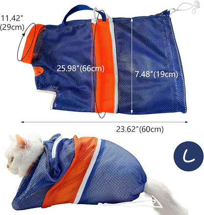 Cinf Cat Bathing Bag, Breathable Mesh Anti Scratch Adjustable Cat Grooming Bag for Nail Trimming, Bathing Soft Cat Washing Bag(Orange Blue) L