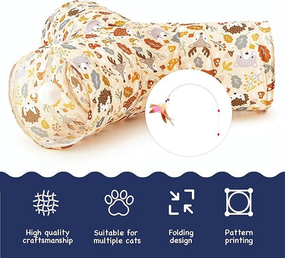 Tempcore Pet Cat Tunnel Tube Cat Toys 3 Way Collapsible, Cat Tunnels for Indoor Cats，Kitty Tunnel Bored Pet Toys Peek Hole Toy Ball Puppy, Kitty, Kitten, Rabbit Beige Deer