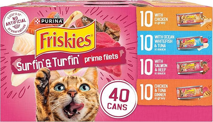 Purina Friskies Gravy Wet Cat Food Variety Pack, Surfin’ and Turfin’ Prime Filets Favorites - (Pack of 40) 5.5 oz. Cans