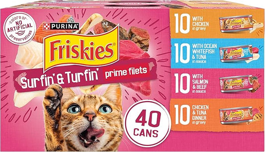 Purina Friskies Gravy Wet Cat Food Variety Pack, Surfin’ and Turfin’ Prime Filets Favorites - (Pack of 40) 5.5 oz. Cans
