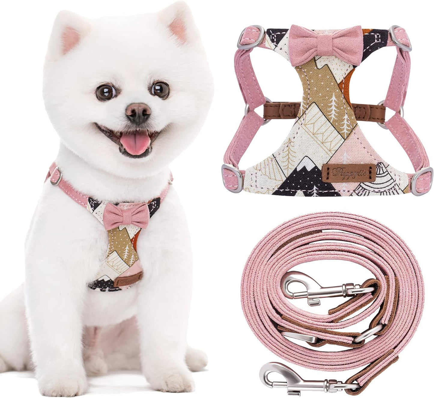 Puppytie No Pull xs Dog Harness with Multifunction Dog Leash,Soft Adjustable No Choke Escape Proof Pet Harness Vest,Suede Bow Pink,XS