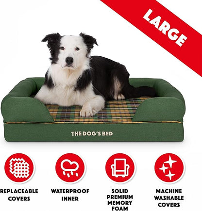 The Dog’s Bed, Large Green Tartan, Memory Foam, Pain Relief: Arthritis, Hip & Elbow Dysplasia, Post Surgery, Lameness, Supportive, Calming, Waterproof Washable Cover