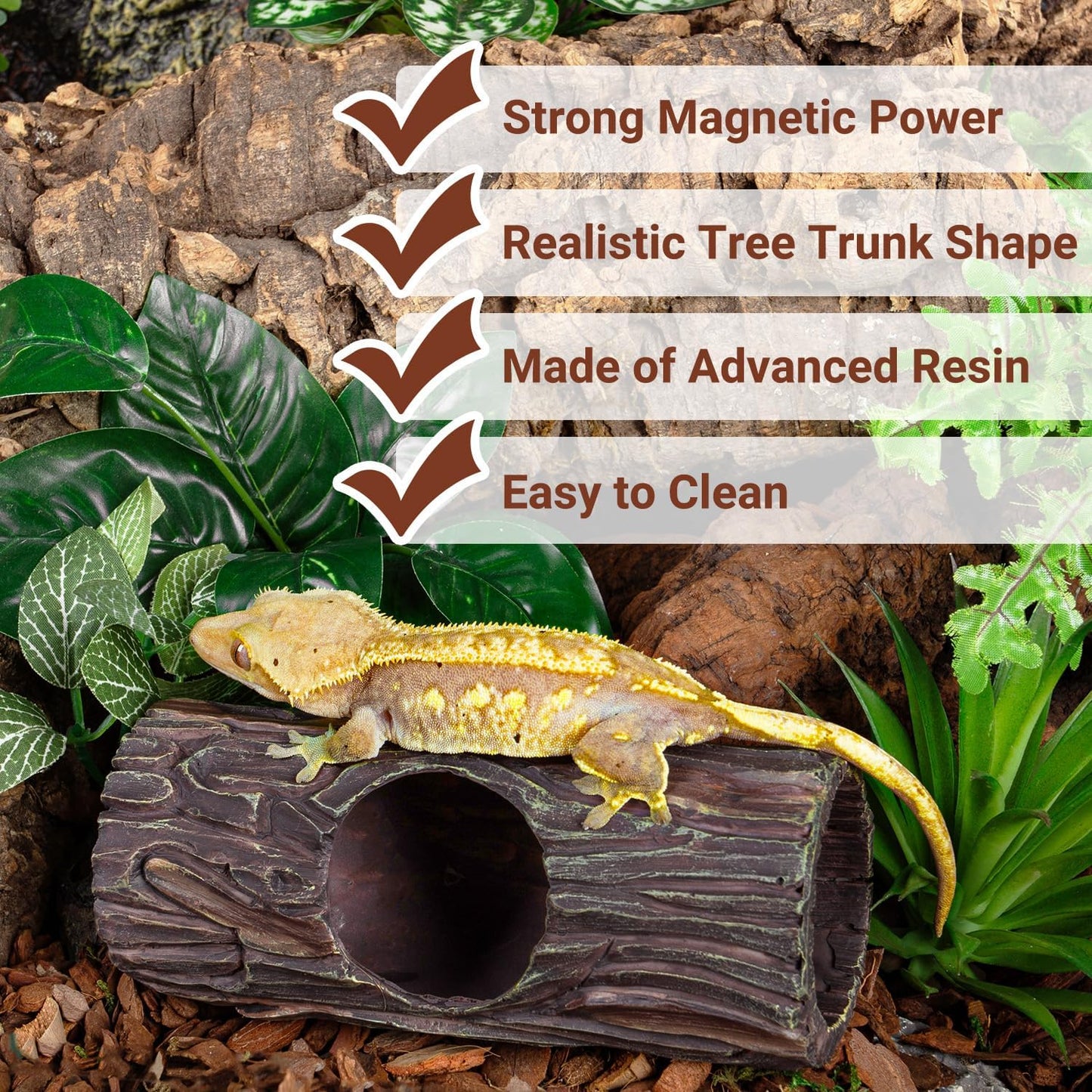 REPTIZOO Magnetic Reptile Hide Cave Resin Hollow Tree Trunk Hideout, Gecko Hide with Strong Magnetic Climbing Toy Reptile Tank Accessories for Crested Gecko,Lizard, Terrarium Decor