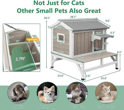 Cat House Outdoor Weatherproof Cat Shelter for Outside Ferals Cats with Waterproof Openable Roof & 8.3" Platform, Balcony Wooden Pet Houses for 1-3 Small Animals