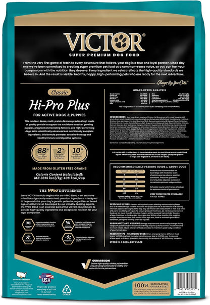 VICTOR Super Premium Dog Food – Hi-Pro Plus Dry Kibble – High Protein Dog Food with 30% Protein – Beef, Chicken, Pork, Fish Meals, Gluten Free - for High Energy and Active Dogs & Puppies, 15lbs