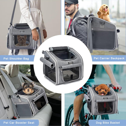 Dog Bike Basket, Expandable Soft-Sided Pet Carrier Backpack with 4 Open Doors, 4 Mesh Windows for Small Dog Cat Puppies-Grey